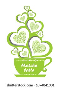 Cup of matcha latte isolated on white background. Restaurant menu. Vector illustration.