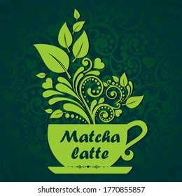 Cup of matcha latte. Restaurant menu.  Vector illustration.