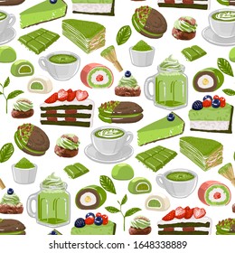 Cup of matcha milkshake and coffee or cacao with botanical art, surrounded by different desserts. Vector repeated seamless pattern
