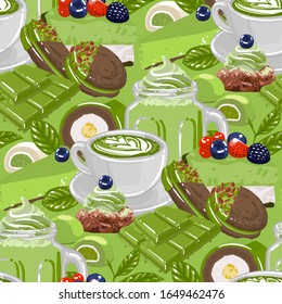 Cup of matcha milkshake and coffee or cacao with botanical art, surrounded by different desserts. Vector repeated seamless pattern