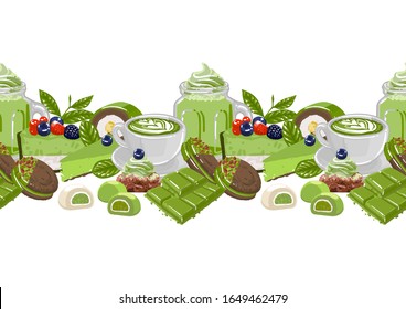 Cup of matcha milkshake and coffee or cacao with botanical art, surrounded by different desserts. Vector repeated seamless pattern