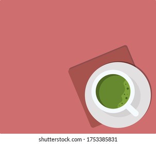 a cup of matcha with small white plate and napkin on coral background, coffee point minimalistic concept, flat design