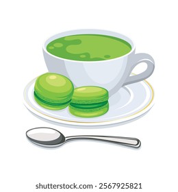 Cup of matcha tea and green macarons vector illustration. Matcha tea cup and french macaroons icon set vector isolated on a white background. Green matcha macarons drawing