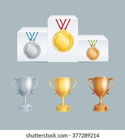 Cup and Medal on Pedestal Award Set. Vector illustration