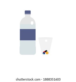 Tasse Medikamente und Trinkwasser-Flasche.