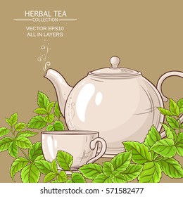  cup of melissa tea and teapot on color background