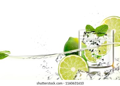 Cup of mijito with lime and mints flowing in transparent liquid in 3d illustration