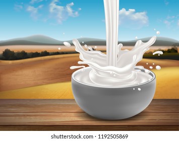 Cup of milk on a wooden board against the backdrop of a natural landscape.  High detailed realistic illustration