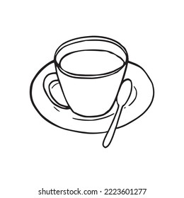 Cup with milk or some other liquid in it hand drawn simple outline illustration. Pen drawing restaurant mug with a spoon and plate for coffee and tea or other drink simple cartoonish symbol graphic.