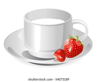 cup of milk and strawberry isolated on a white background