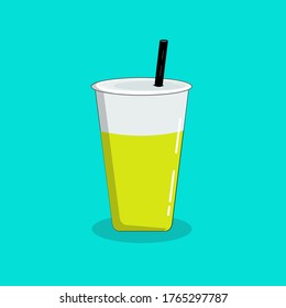 Cup of milk tea lemon with a straw, with green background