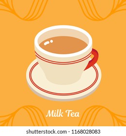 A Cup Of Milk Tea With Saucer On Orange Background.
