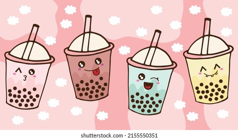 cup of milk tea with tapioca pearl. kawaii bubble tea. cute face with eyes and smiling face. hand drawn vector. cup with straw. pink background. wallpaper, poster, sticker, clipart, advertising. 