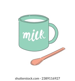 Cup of Milk vector illustration isolated on white. Breakfast idea. Cute cartoon cup and spoon. 