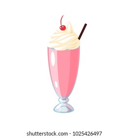 Cup of milkshake with cream and cherry on top. Vector illustration cartoon flat icon isolated on white.