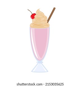 Cup of milkshake with cream and cherry on top. Vector illustration cartoon flat icon isolated on white.