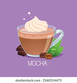 Cup of Mocha with coffee beans and chocolate isolated on white background