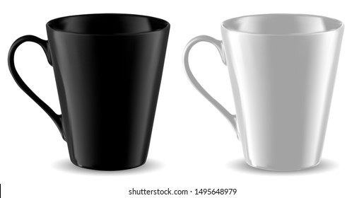 Cup Mockup. Black and White Mug Template Isolated. Coffee or Tea Ceramic Porcelain. Classic Office Label or Brand Presentation on White Background. Photorealistic Blank. Teacup Mock Up with Handle