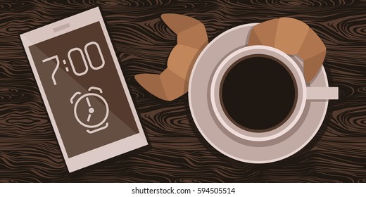 A cup of morning coffee with croissants and a mobile phone on a wooden table. Vector illustration in a flat style.