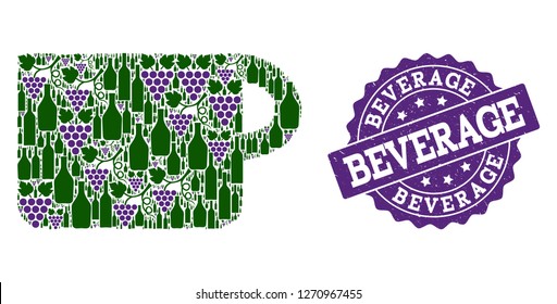 Cup mosaic of alcohol bottles and grape and grunge stamp seal. Isolated vectors in green and purple colors on a white background for bars, alcohol shop banners, ads, concepts.