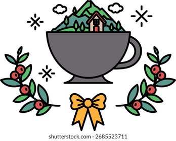 A cup with a mountain and a house on it. The cup is surrounded by leaves and a bow