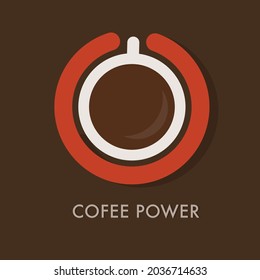 Cup or mug with black coffee on plate button icon. Morning Caffeine giving energy concept. Coffee break, Power on Logo, design template, poster advertisement, flayer. Flat vector Illustration EPS 10