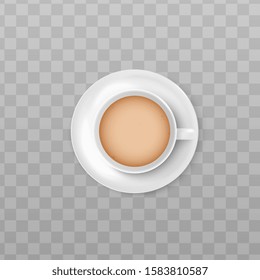 Cup or mug of brown coffee on a saucer, top view. Hot drink concept. White ceramic coffee cup, realistic vector illustration on a transparent background.