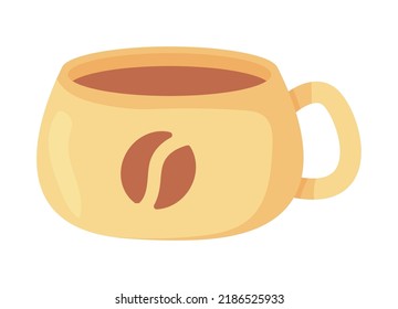 Cup or mug of coffee. Ceramic cute mug with coffe bean print. Stock vector illustration isolated on white background in flat cartoon style.