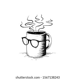 Cup or mug of coffee with eyeglasses design concept
