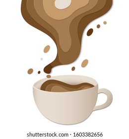 Cup or mug with coffee splash and milk in paper cut style isolated on white background. 3d cup of coffee with shadows. Template for menu, card, banner, poster, flyer. Vector stock illustration.