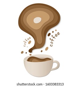 Cup or mug with coffee splash and milk in paper cut style isolated on white background. 3d cup of coffee with shadows. Template for menu, card, banner, poster, flyer. Vector stock illustration.