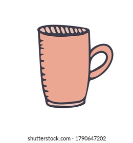 Cup, mug in color isolated on white background. Doodle template for postcard, banner, poster, web design. Hand Drawn vector illustration.