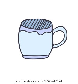 Cup, mug in color isolated on white background. Doodle template for postcard, banner, poster, web design. Hand Drawn vector illustration.