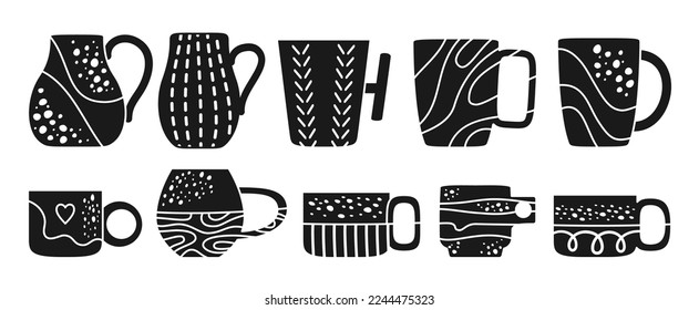 Cup mug engraving print set. Trendy different pattern and shapes stamp. Crafted ceramic tableware, tea coffee beverages teacup press scrapbook. Porcelain cups mugs stain, textured, stripes ornament