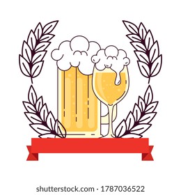 cup and mug glass of beer with spike and ribbon on white background vector illustration design