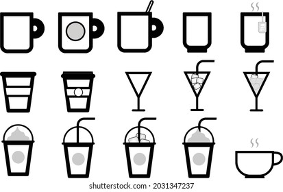 Cup Mug Glass Icon Set Vector Isolated On White Background 