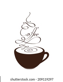 Xícara de café quente. Design original manuscrito de texto de café caligrafia em forma de espirros a vapor. 