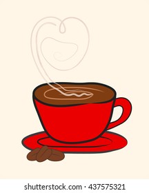 Cup (Mug) of Hot Drink Coffee with Heart Shape Symbol. Vector Illustration