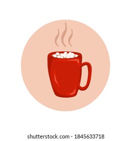Cup or mug with hot drink icon. Cocoa, hot chocolate or coffee with marshmallow. Christmas and winter warm beverage. Vector illustration.