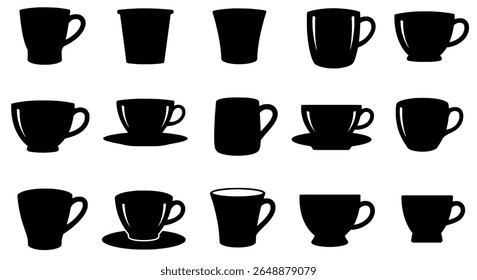 Cup and Mug Icon Set in Silhouette Style for Cafe Branding, Hot Beverage Packaging, and UI Design