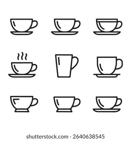 Cup and Mug Icons Set for Food and Beverage. Simple Line Art Illustrations of Various Coffee and Tea Cups
