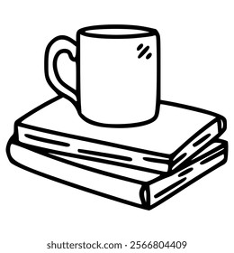 cup or mug on stack of books hand drawn outline illustration