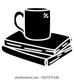 cup or mug on stack of books hand drawn glyph illustration