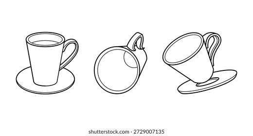 Copo e caneca contorno ícone definido em ângulos diferentes