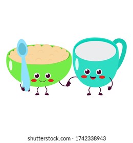 Cup, mug and spoon. Breakfast for children. Cute, attractive characters. Vector illustration. For packaging, brochures, advertising, design.