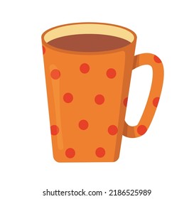 Cup or mug of tea. Ceramic cute mug with coffe bean print. Stock vector illustration isolated on white background in flat cartoon style.