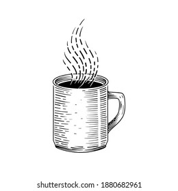 Cup, mug for tea, coffee, milk or chocolate. Vintage ink sketch drawing technique. Vector and illustration.