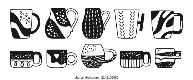 Cup mug trendy different pattern and shapes engraving set. Crafted ceramic tableware doodle black and white style. Tea coffee beverages teacup. Porcelain cups mugs stain, spotted ornament vector