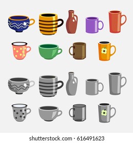 Cup and mug watercolor set. Hand drawn watercolor illustration.