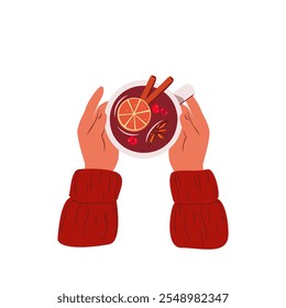 Cup of mulled wine in hands. Traditional winter drink. Top view. Vector illustration.